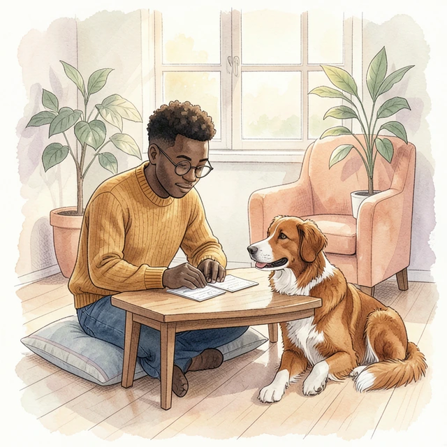 Illustration aus der App: Ein Mensch lernt am Tisch, ein Hund sitzt daneben.