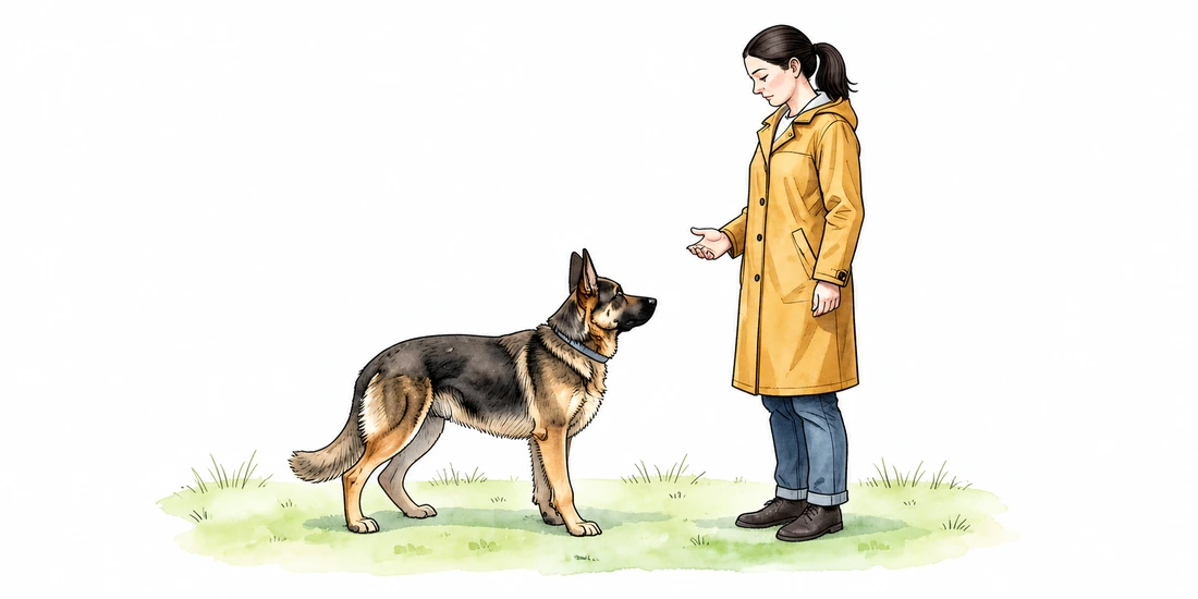 Illustration aus der App: Eine Hundehalterin und ihr Hund üben die Zusammenarbeit.