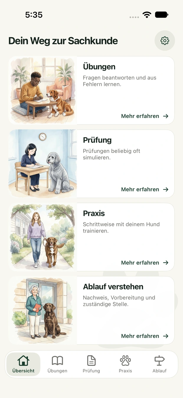 Sachkunde-App: Übersicht mit den Bereichen Übungen, Prüfung, Praxis und Ablauf verstehen.