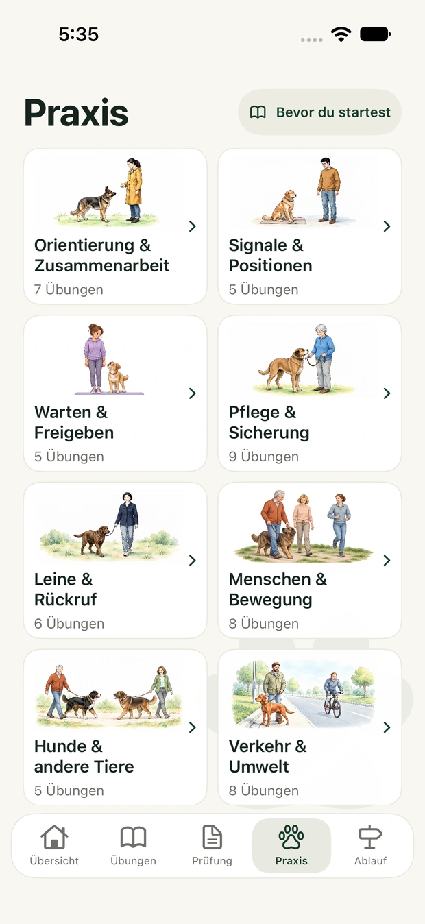 Sachkunde-App: praktische Lernbereiche mit Illustrationen von Menschen und Hunden.