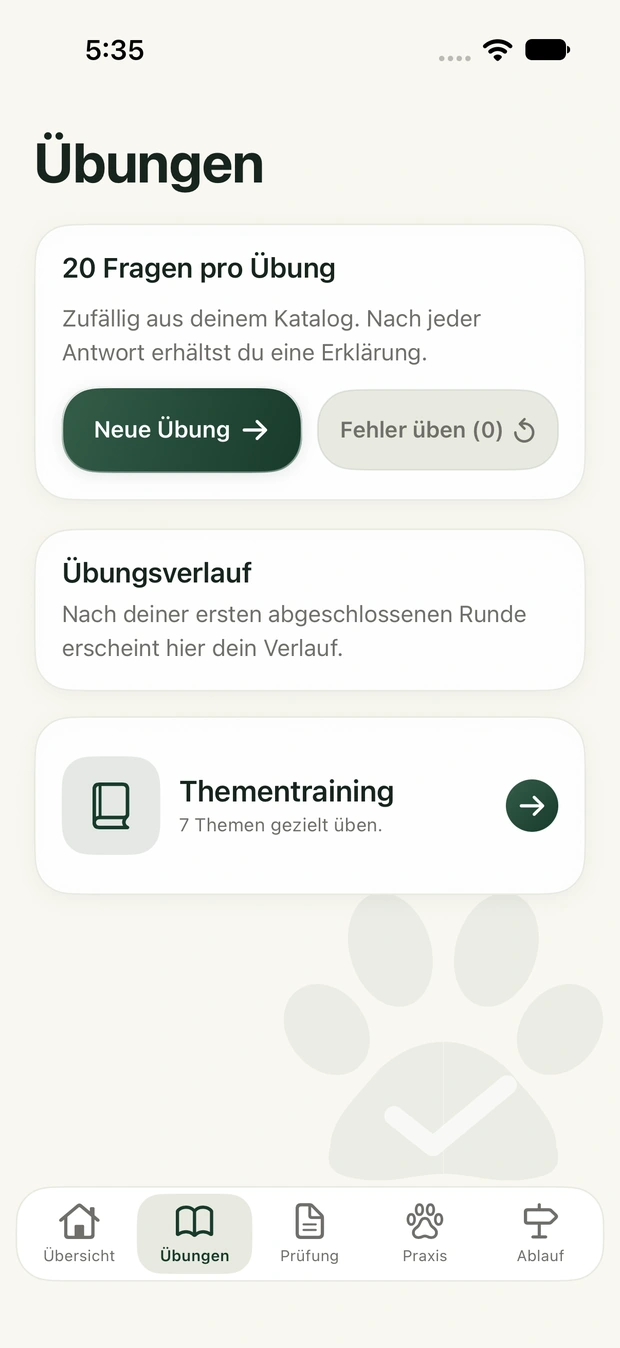 Sachkunde-App: Übungen mit 20 Fragen, Übungsverlauf und Thementraining.