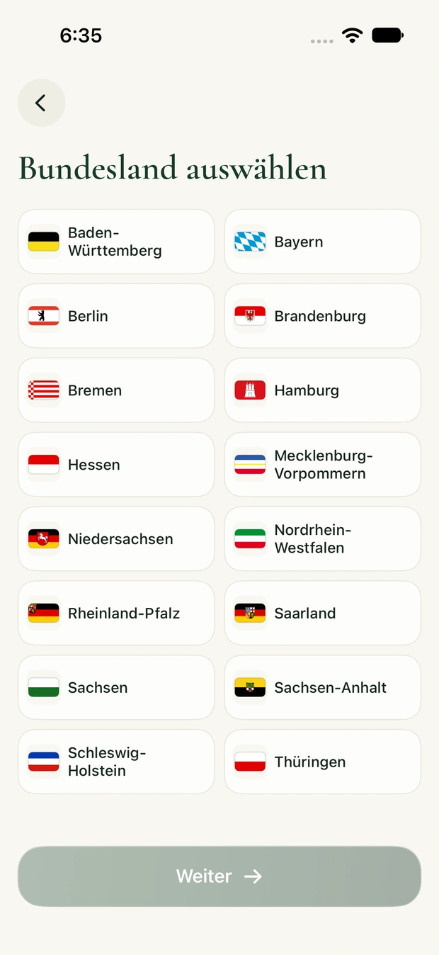Sachkunde-App: Auswahl der 16 deutschen Bundesländer in zwei Spalten.